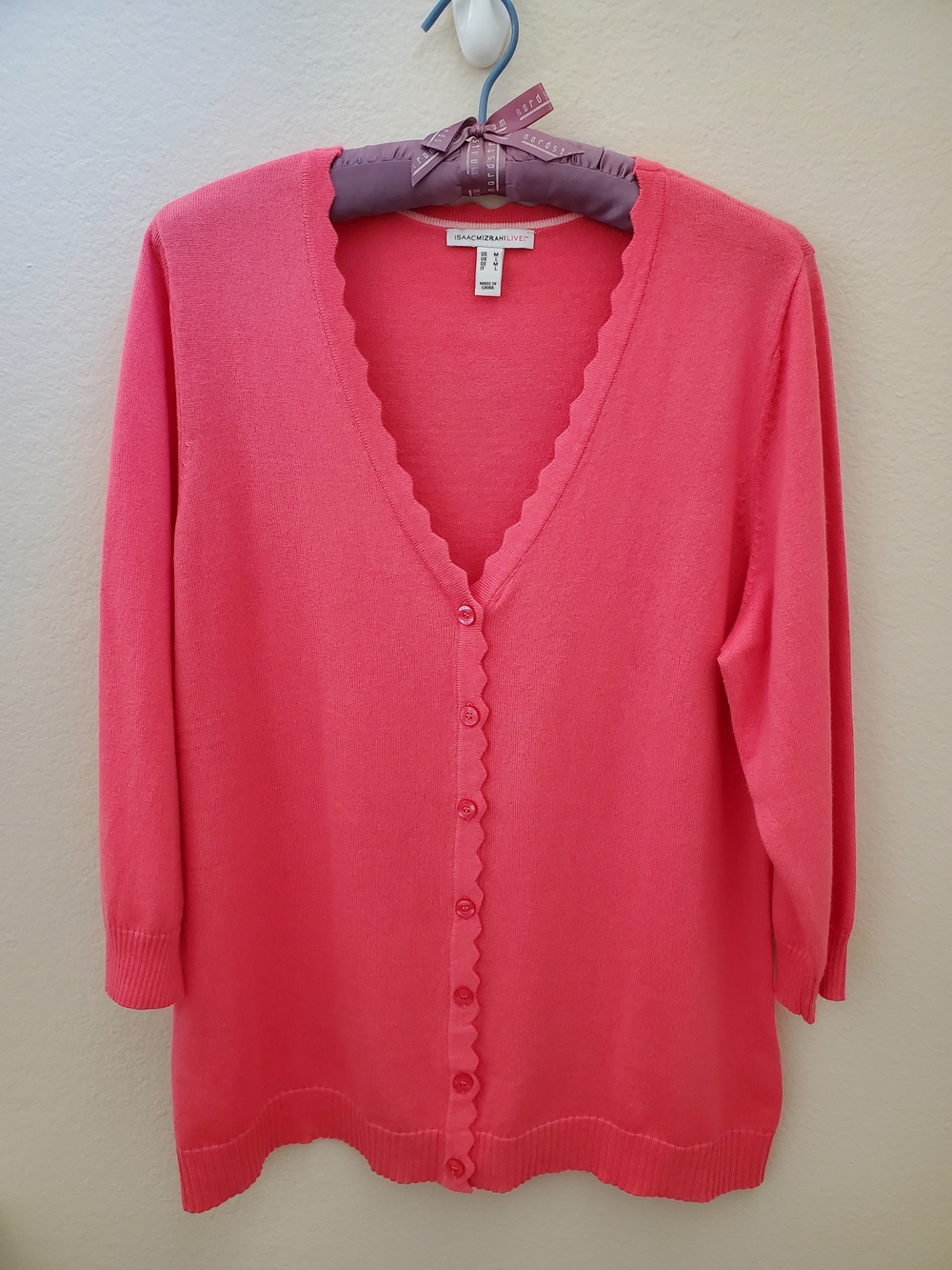 Isaac Mizrahi Pink Scalloped V-Neck Cardigan